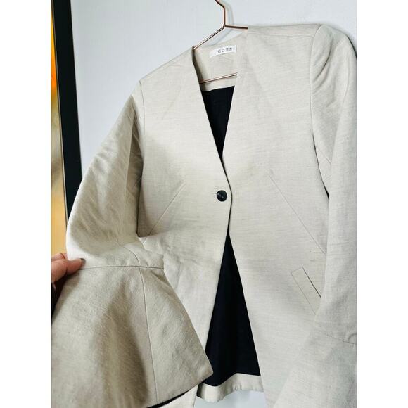 Co Beige Wool Hemp Blend Peplum Bell Sleeves One Button Blazer Jacket Size Small - Picture 9 of 15
